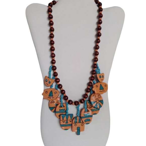 Vtg Hand Painted Wood Face Charm Necklace Southwest Tribal Mask Boho Bead Dangle - Picture 14 of 16
